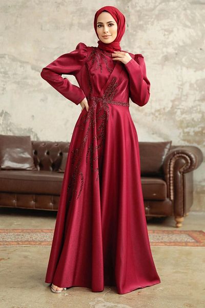 Neva Style Rochie de seara din satin musulman brodata cu margele 3915br