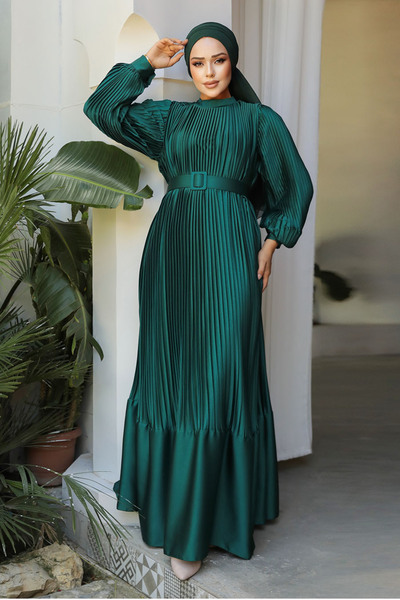 Neva Style Green Satin Hijab Pleated Dress - 43532Y