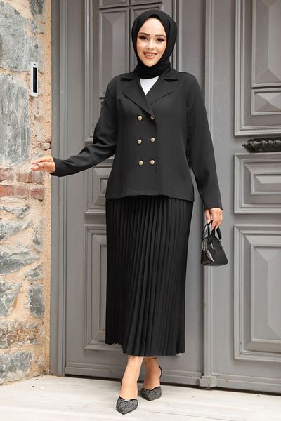 Neva Style Black Hijab Skirted Jacketed Double Suit - 12601S