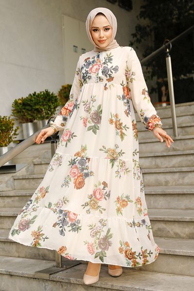 Neva Style Rochie Hijab Bej cu Motiv Floral 22052BEJ
