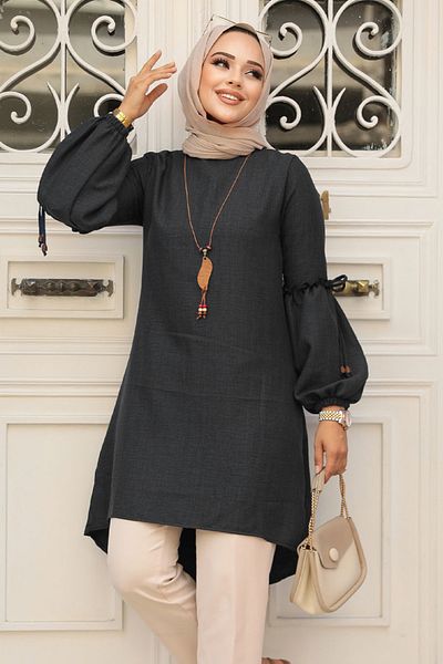 Neva Style تونيك حجاب أسود بأكمام بالون 4138S