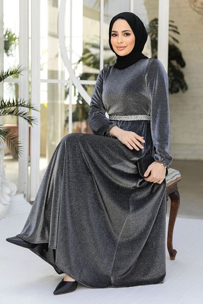 Neva Style Βραδινό φόρεμα Ασημί Καπνιστό Χιτζάμπ 42541fu