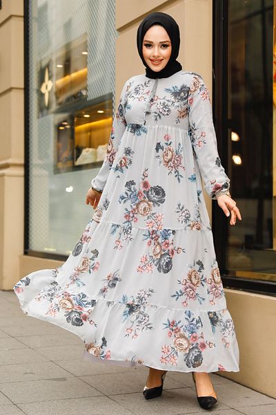 Neva Style فستان حجاب رمادي منقوش بالزهور 22052GR
