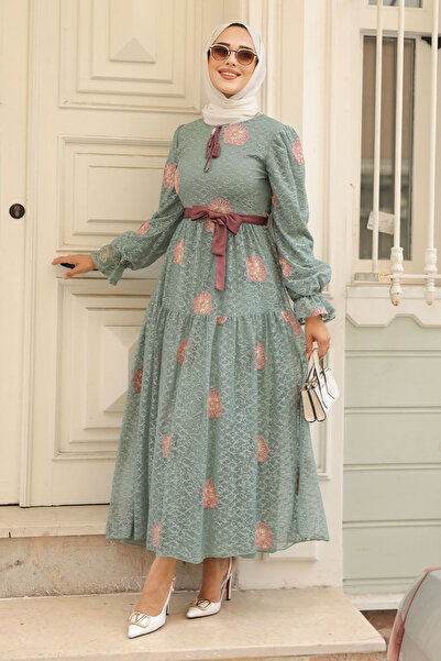 Neva Style Çiçek Desenli Çağla Yeşili Tesettür Elbise 1216cy