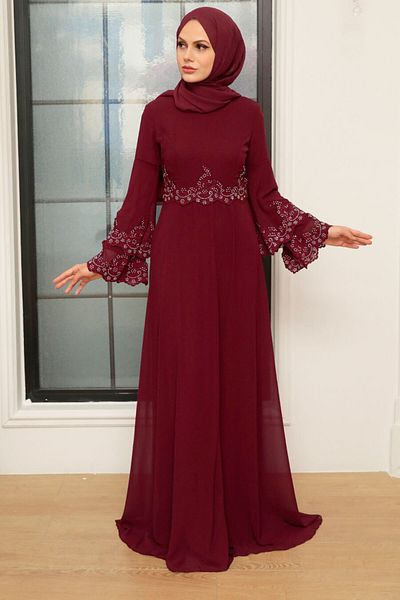 Neva Style Rochie de seara musulmana burgundy brodata cu margele 9181br