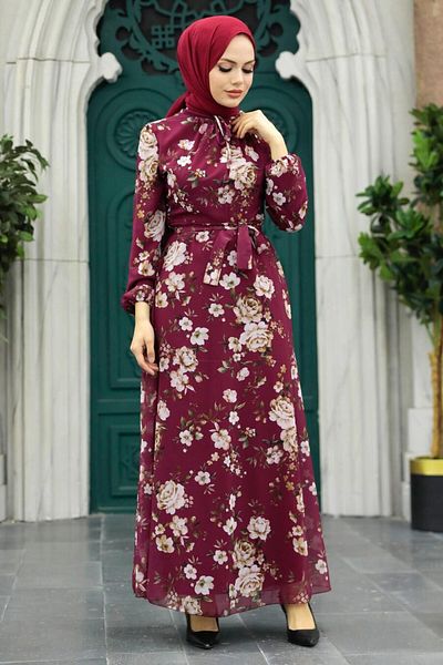 Neva Style - Rochie Hijab Roșu Claret cu Motiv Floral 279080br
