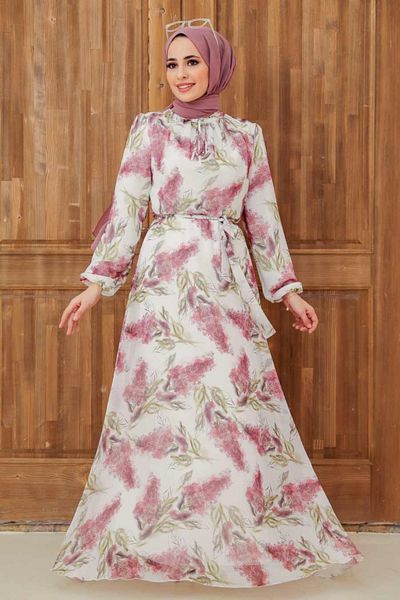 Neva Style Rochie Hijab Ecru cu Motiv Floral 279066 e