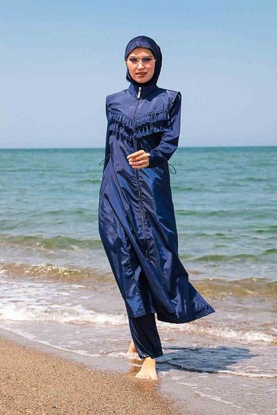 Neva Style Navy Blue Tasseled Navy Blue Full Covered Hijab Swimsuit 1998l