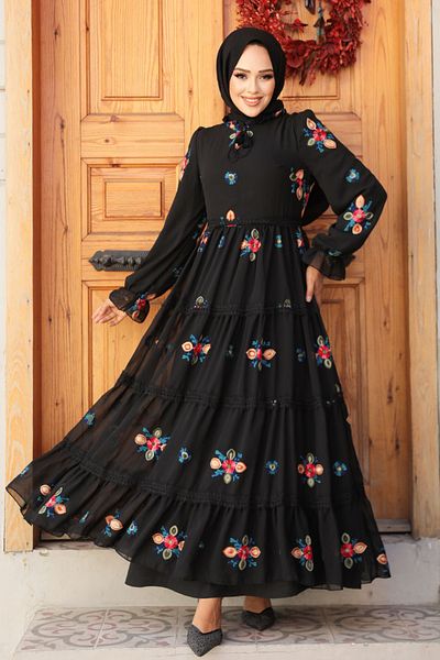Neva Style Rochie Hijab Neagră - Model Broderie, Model 45541S