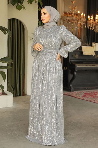 Neva Style Sequined Gray Hijab Evening Dress 44961Gr