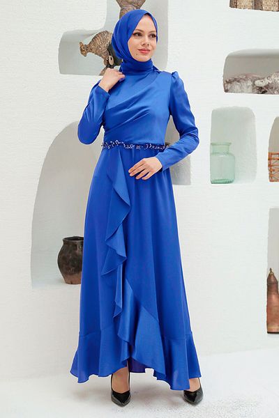 Neva Style Volanlı Indigo Blue Satin Hijab Βραδινό Φόρεμα 3381ım