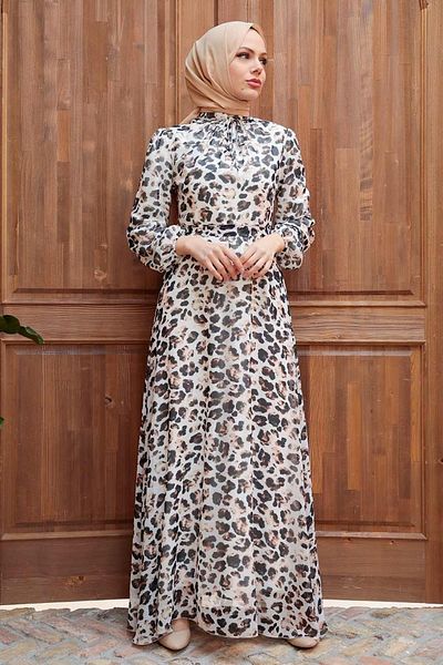 Neva Style - Rochie Hijab Bej cu Motiv Leopard 279021 bej