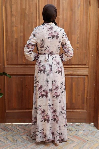 Neva Style Floral Patterned Beige Hijab Dress 279014Beige