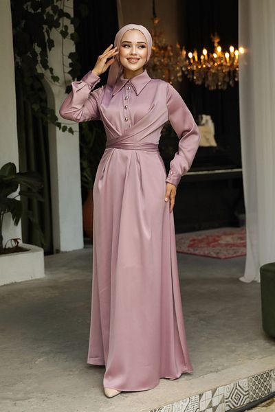 Neva Style Dried Rose Satin Hijab Dress - Button Detail 45661GK