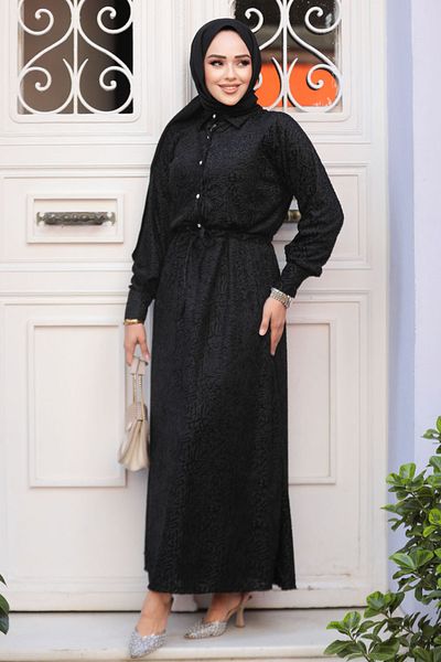 Neva Style فستان حجاب أسود منقوش - 92691S
