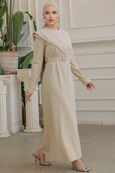 Neva Style Βραδινό φόρεμα Hijab με ζώνη πόρπης μπεζ 664μπεζ