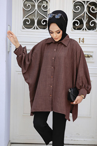 Neva Style Bat Sleeve Dark Brown Hijab Tunic 11853KKH