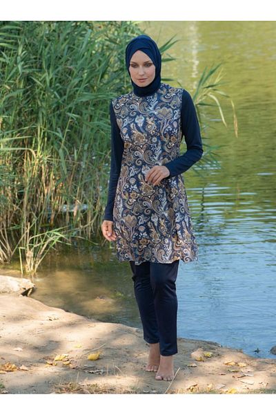 Neva Style 1856Dsn Model Patterned Full Covered Hijab Swimsuit