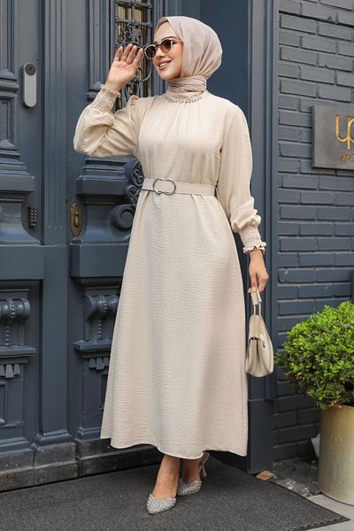 Neva Style - Rochie Hijab Bej cu Curea 661bej