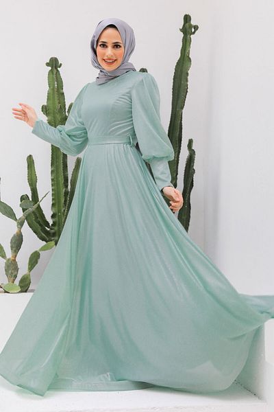 Neva Style Βραδινό φόρεμα με μανίκια μπαλόνι Dark Mint Hijab 56721kmınt