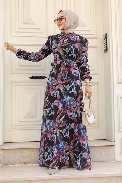 Neva Style Rochie Hijab Dusty Rose cu Motiv Floral 27941gk
