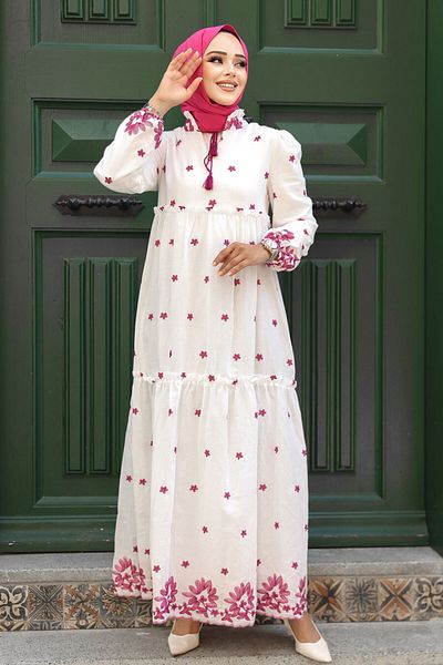 Neva Style Floral Patterned Fuchsia Hijab Dress 1381F