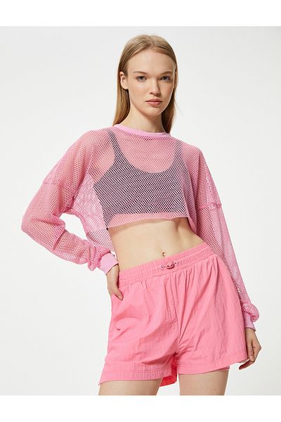 Koton Long Sleeve Crop Sports T-Shirt - Oversize, Crew Neck