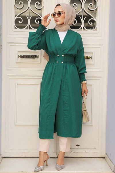 Neva Style Σμαραγδένιο Πράσινο Καπάκι Hijab με κουμπί - 11872ZY
