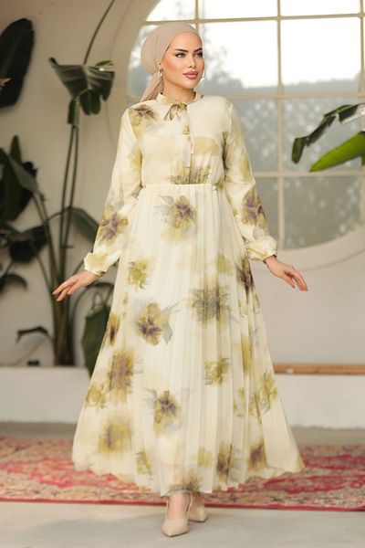 Neva Style Patterned Mustard Hijab Dress 50356HR