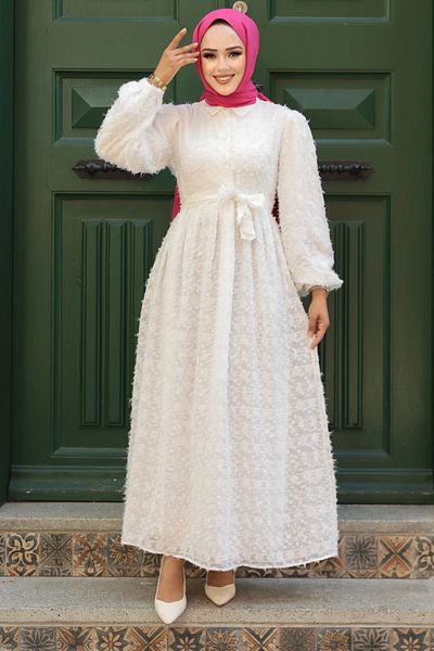 Neva Style Rochie albă Hijab cu dantelă - 14021B