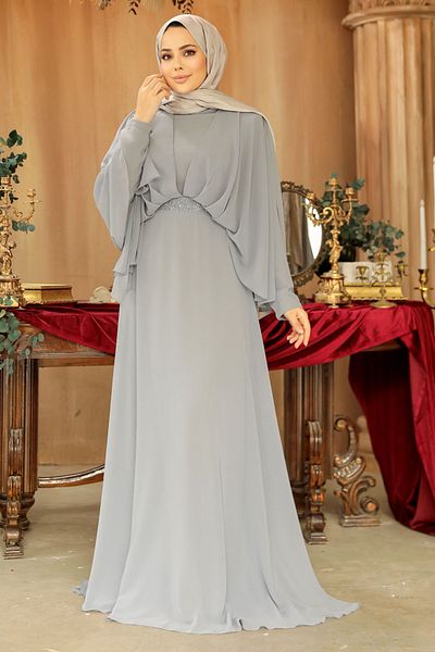 Neva Style Drape Detailed Gray Hijab Evening Dress 25891Gr