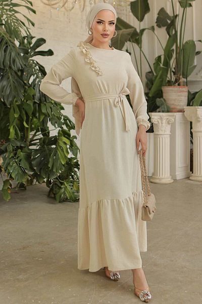 Neva Style Rochie Hijab Bej cu centură 659bej