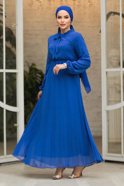 Neva Style Rochie islamică albastră indigo cu guler legat 50351IM