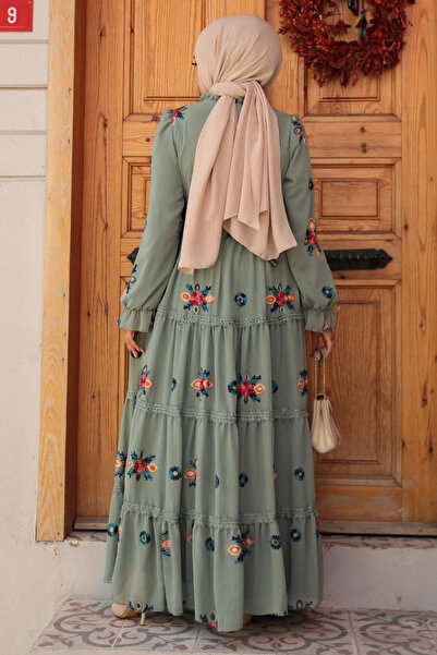 Neva Style Green Embroidery Patterned Hijab Dress - 45541CY