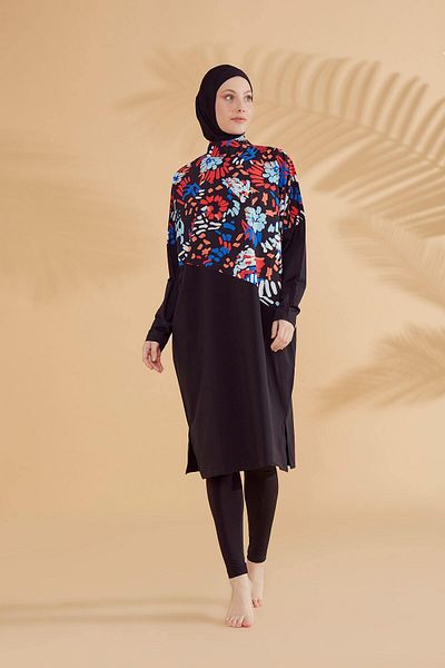 Neva Style Parachute Floral Black Full Covered Hijab Swimsuit M2313S