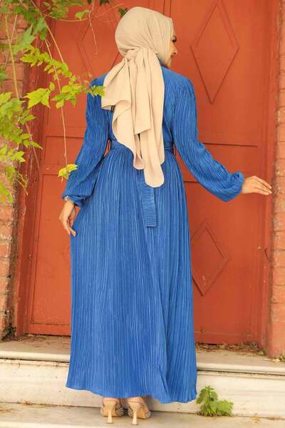 Neva Style Indigo Blue Hijab Dress with Buckle Belt 5936Im