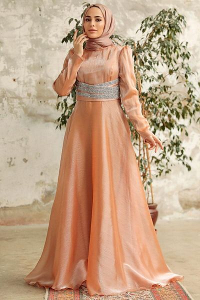Neva Style Rochie de seara musulmana biscuit brodata cu margele 3812bs