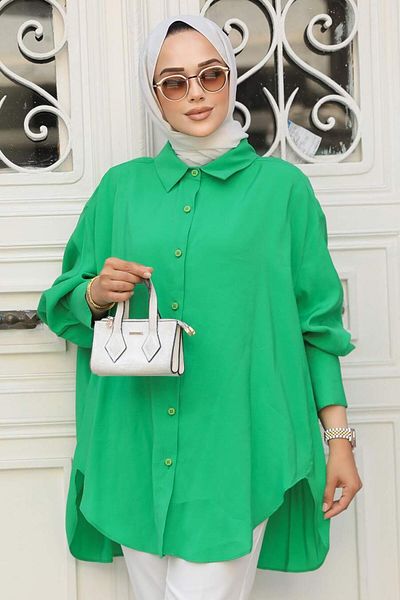 Neva Style - Cămașă verde hijab lung pe spate 10236y