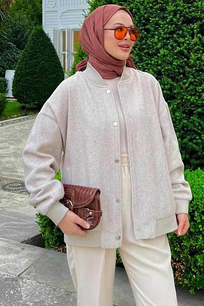 Neva Style - Jachetă Bomber Hijab Bej cu nasturi 9263bej