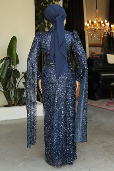 Neva Style Rochie de seară hijab bleumarin cu paiete 52241l