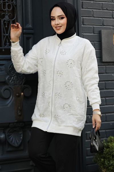 Neva Style Jachetă Hijab cu dantelă albă - 20003B