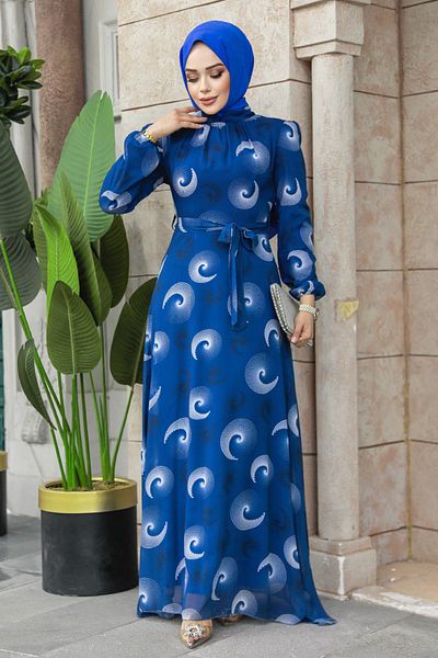Neva Style Patterned Indigo Blue Hijab Dress 27945ım