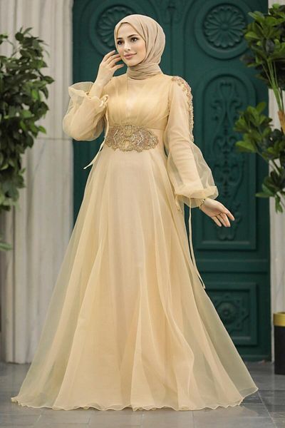 Neva Style Rochie de seara cu hijab - Rochie de seara hijab aurie cu margele 2249aur