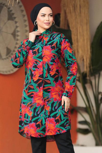 Neva Style - Tunica din vascoza Hijab neagra cu model 11675s