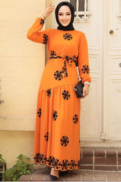 Neva Style Rochie hijab portocalie cu modele florale 1332t
