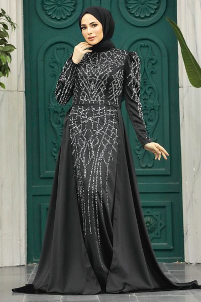 Neva Style Rochie de seara neagra cu margele brodate 42081s