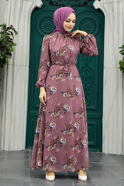 Neva Style Floral Patterned Dusty Rose Hijab Dress 279082 Gk