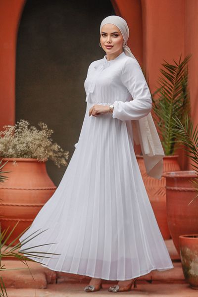Neva Style Rochie hijab albă cu guler legat 50351B