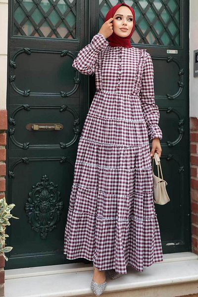 Neva Style Plaid Plum Hijab Dress 27090Mu