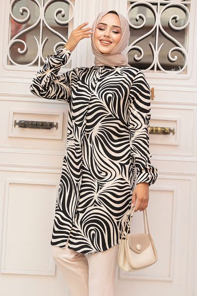 Neva Style تونيك فيسكوز بيج - حجاب منقوش 11706BEIGE